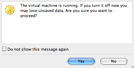 A picture of a Parallels warning message saying that I may lose data if I switch off the virtual machine