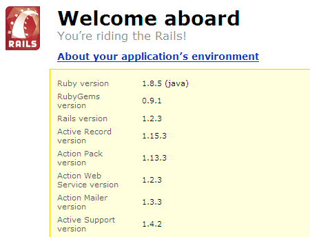 A picture of the Ruby on Rails welcome screen that shows the Ruby version as 1.8.5 (java)