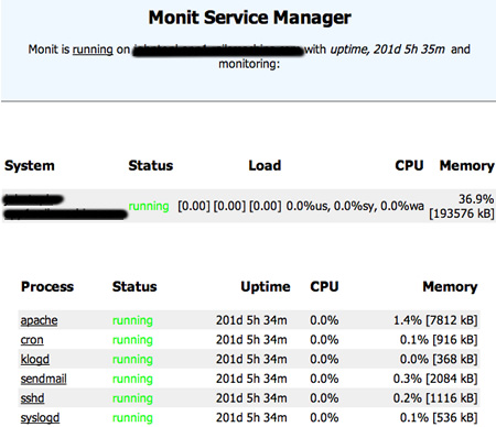 A screenshot of the monit system management page for AssetsGraphed, showing 201 days uptime