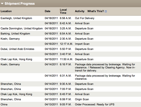 A screenshot of the UPS shipping progress information for my iPad 2